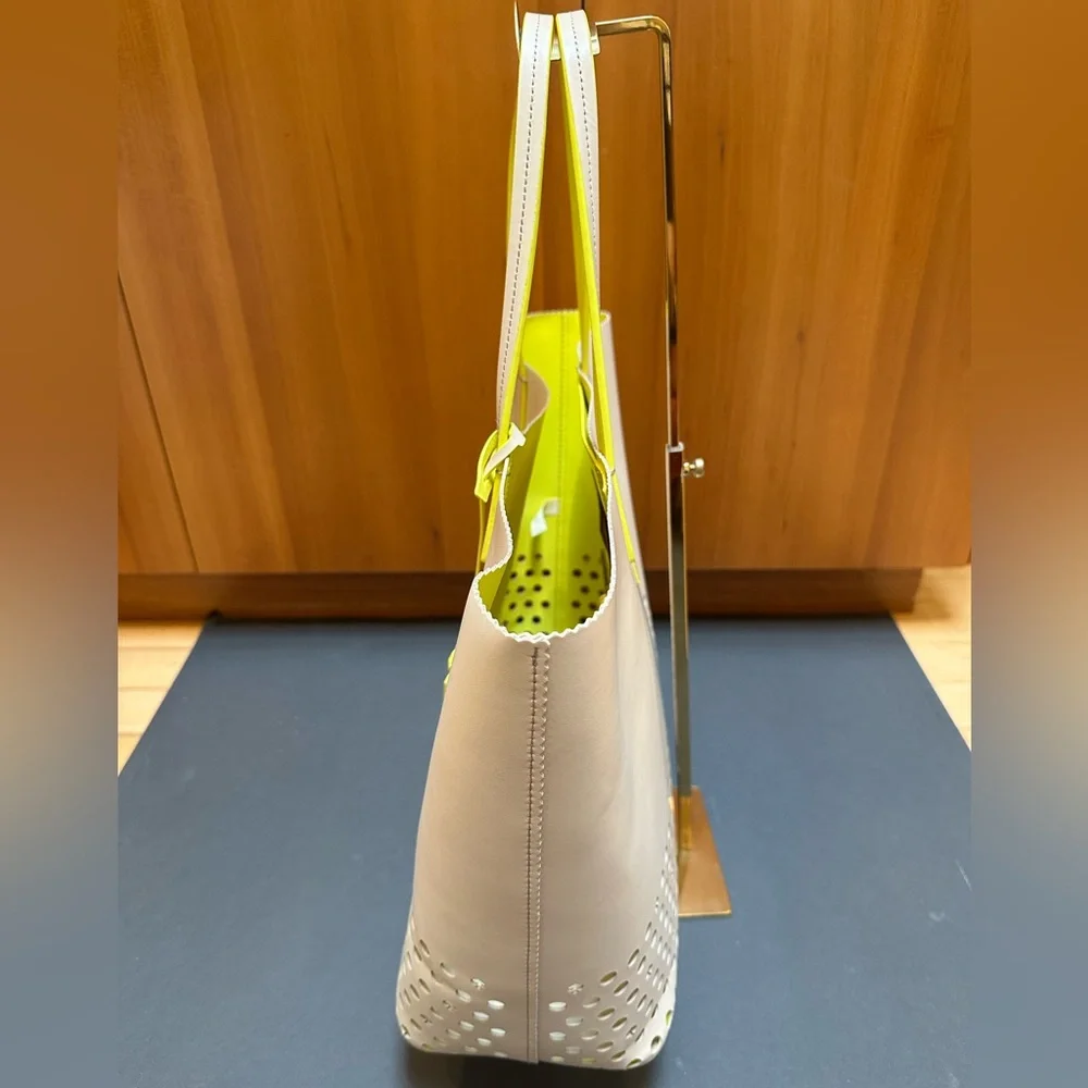 NWOT Kate Spade Large Cream & Neon Yellow Perforated Leather Tote +cloth dustbag - Picture 5 of 9